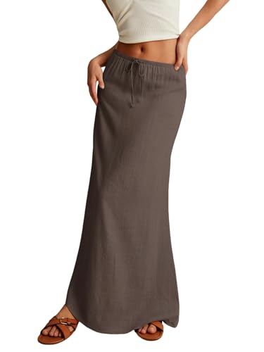 EARKOHA 2025 Women's Summer Maxi Skirt Drawstring Low Waist A Line Linen Long Flowy Skirts Coffee Brown1 XS