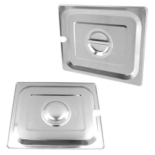 Pastlla 2 Pack 1/2 Size Slotted Hotel Pan Cover, Stainless Steel Solid Steam Table Catering Food Pan Lid with Handle, Catering Food Pans Cover Slotted Notched Universal