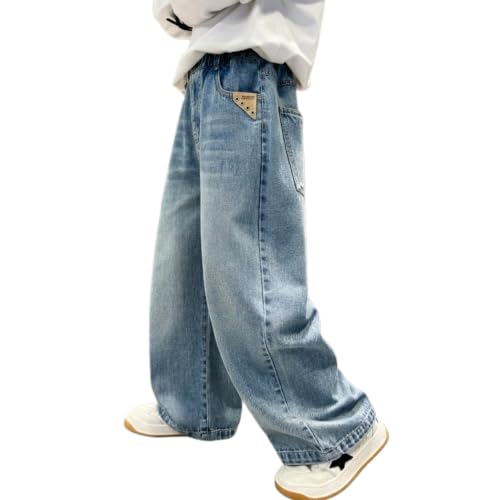 Image of Rolanko Boys Baggy Jeans Elasticated Waist Cargo Bootleg Skater Jeans with Multipockets Vintage Streetwear Denim Pants for Kids, Light Blue, 13-15 Years,170