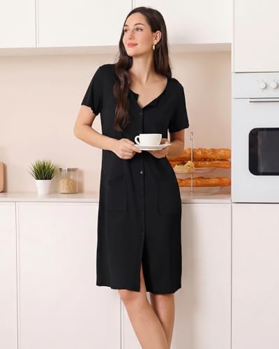 Image of ZOOSIXX Nightgowns for Women - Short Sleeve Sleepwear Button Up Pajamas for Women V-Neck Sleepwear Dress with Pockets