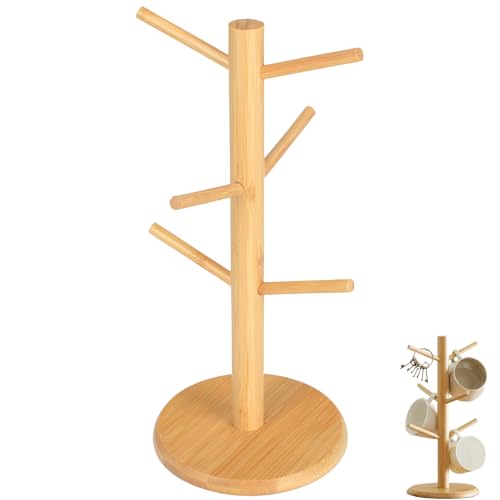 Wooden Mug Tree Stand, Mug Tree 6 Mugs for Coffee & Tea, DetachableMug Holders for Kitchen with Weighted Base, Multi-Function Storage Rack Cup Holder Storage for Tea Coffee Cups, Jewelry Display