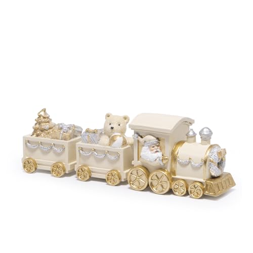 Hodao White Gold Christmas Train Decorations Elegant Hand-Painted Resin Santa Claus and Teddy Bear Train Luxury Ornament for Tabletop Mantel Home Christmas Decor Display