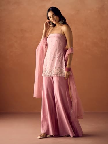 Image of FIORRA Women Light Pink Crush Organza Hand Work Straight Kurta Set with Dupatta