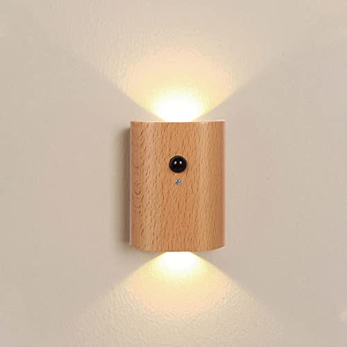 LANDGOO Wooden Motion Sensor Step Lights Indoor, Intelligent Linkage Wall Lamp Rechargeable LED Night Lighting for Stairs Hallway (White Ash Wood 1PC)