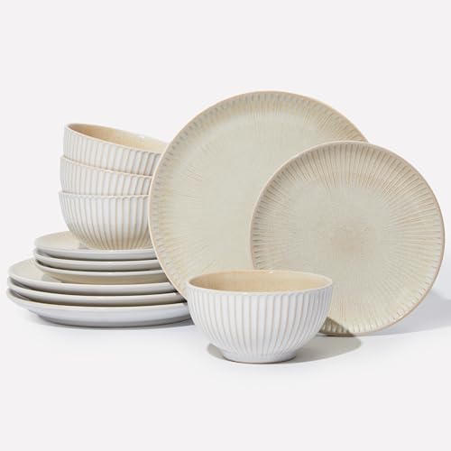 Image of Pokini Ceramic Dinnerware Sets for 4, 12 Pieces Embossed Stoneware Plates and Bowls Sets, Scratch Resistant Dish Sets, Distinctive Granulated Surface, Housewarming Wedding Gift, Brown