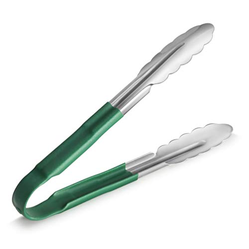 New Star Foodservice 35865 9-Inch Utility Spring Tongs, Stainless Steel, Vinyl Coated, Set of 12, Green