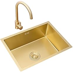 Fregadero Redondo O Cuadrado Recipiente Único De Oro Cepillado Fregadero De Cocina De Acero Inoxidable Fregadero De Cocina Cuadrado Empotrado O Bajo Encimera Con Grifo Y Desagüe (Color : Gold, Size : 55×40cm)