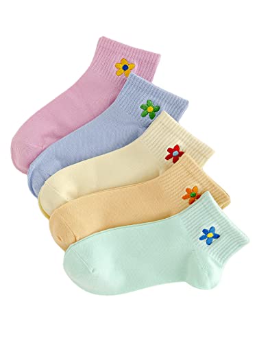 Verdusa Women's 5 Pairs Flower Embroidery Toe seamed Soft Crew Socks