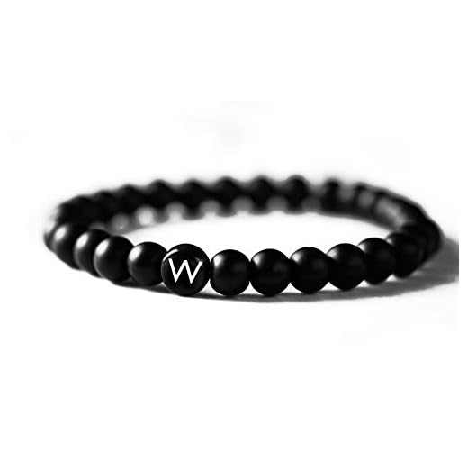 BAVELA personligt namnarmband, partnerarmband ädla onyx-pärlor (6 mm) förbindelse att visa e Bokstav W, colore: Storlek M (18–21 cm) handledsomkrets, cod. 1