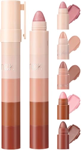 Nude Cream Eyeshadow Stick, 5-in-1 Glitter Pink Brown Shimmer Natural Eye Shadow, Highlighter Stick Face Glitter, Bright Highly Pigmented Sparkly Long-Lasting Blendable Eye Make-Up for Women (A)