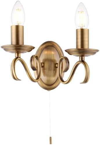 National Lighting Indoor Wall Light - Dimmable Twin Wall Lamp with Pull Chord Switch – Decorative Scrolled Arm Wall Sconce LED Wall Light For Bedroom Livingroom Dining-room Hallway – E14 Antique Brass