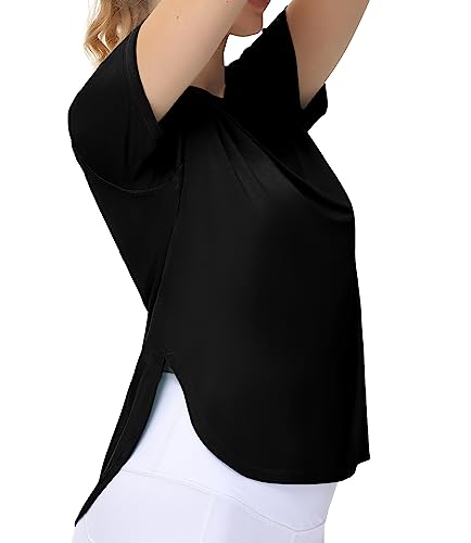 The Gym People Women's Workout T-Shirts Loose Fit Short Sleeve Cotton Running Basic Tee Tops With Split Hem Black #TOP1
