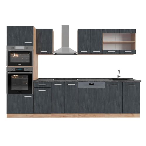 Vicco Küchenzeile R-Line, Schwarz Beton/Goldkraft Eiche, 300 cm AP Anthrazit, zur individuellen Erweiterung durch kompatible Zusatzmodule