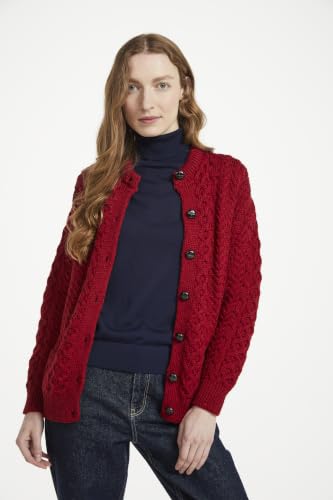 Image of Aran Woollen Mills Achill Women's Irish Cable Knit Aran Cardigan, 100% Merino Wool, Made in Ireland, Cream