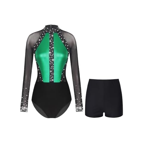 FEESHOW Women Sheer Mesh Long Sleeve Gymnastics Leotard Figure Skating Jumpsuit Athletic Dance Bodysuit Green Small Cover