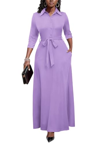 Image of Runwind Women Church Maxi Dresses 3 /4 Sleeve Button Down Print Casual Office Dress African