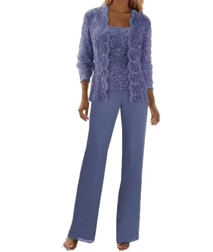 Image of 3 Pieces Chiffon Lace Mother of The Bride Pant Suits with Jackets Sequins Wedding Guest Dresses for Women