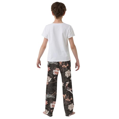 Peony Floral and Bird Boys Long Pants Soft Trousers Elastic Waist Kids Lounge Bottoms with Pockets S-XL3