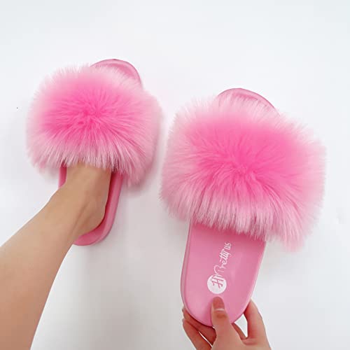 Image of Women's Faux Fur Slides, Open Toe Cute Fur Slippers, Indoor or Outdoor Comfortable Furry Slide Sandals With Fluffy Fur