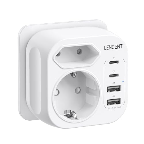 LENCENT Ladron Enchufes Plano con USB, 6 en 1 Cargador Múltiple de Pared con 1 Salida de Schuko, 1 Salida de Euro Plano, 2 USB-A y 2 USB-C, Regleta Pared para Hogar, Oficina, Compatible con Móviles