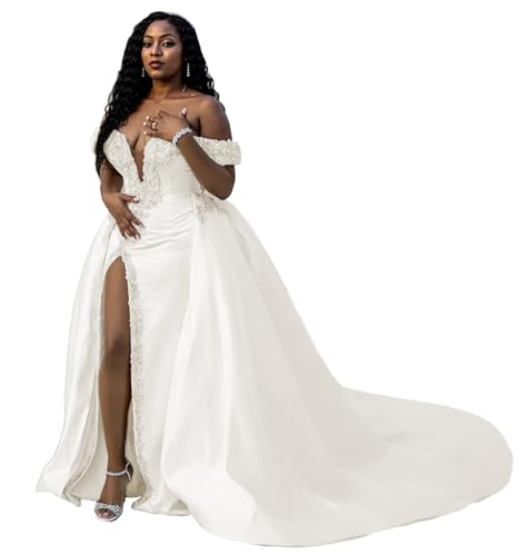 Xyiveaf Off Shoulder Long Wedding Dresses 2025 Crystals Beading White V-Neck Bridal Dress Satin Bride Wedding Gown with Slit