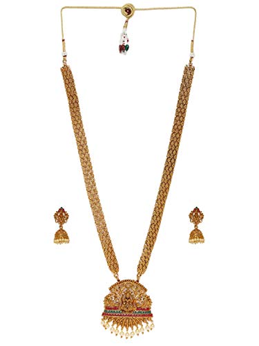 ZAVERI PEARLS Antique Gold Tone Bridal Collection Long Temple Necklace & Earring Set For Women-ZPFK10177