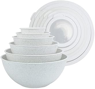 COOK WITH COLOR Mixing Bowls with TPR Lids - 12 Piece Plastic Nesting Bowls Set includes 6 Prep Bowls and 6 Lids, Microwave Safe Mixing Bowl Set (Speckled White)