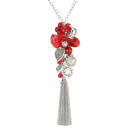 FULU AUTUMN Collier Argent Long pour Femme Sautoir avec Pendentif Perles et Franges Bijoux Fantaisie Cadeau pour Maman(Red)