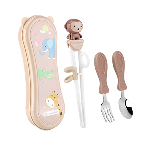 幼い子供たち ステンレス鋼 トレーニング 食器 練習用食器 ベビー用 子ども用 幼児 子供用品 トレーニング箸 スプーン フォーク3点セット 収納ケース付き 出産祝い プレゼント(ブラウン)