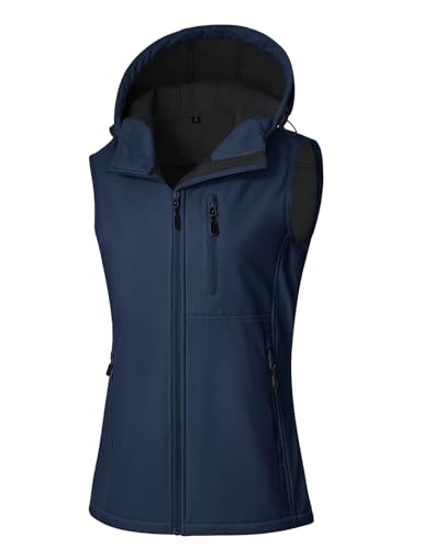 Image of CMTOP Softshell Gilet for Women UK Waterproof Windproof Gilets Lightweight Hooded Sleeveless Jacket Fleece Lined Body Warmer Zip Up Outerwear with Pockets for Running Hiking Cycling(Navy Blue,XL