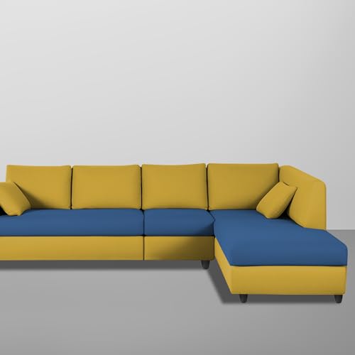Image of Florian RHS 6 Seater L Shape Sofa Set for Living Room (Blue Yellow Fabric) Premium Fabric Sofa