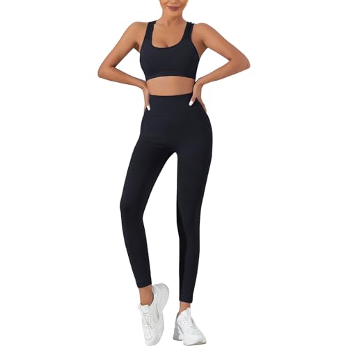dohomiryo Femmes Ensemble de Vêtement Soutien-Gorge de Sport+Legging de Yoga d'entraînement Tenues de Sport Gym Fitness Noir S