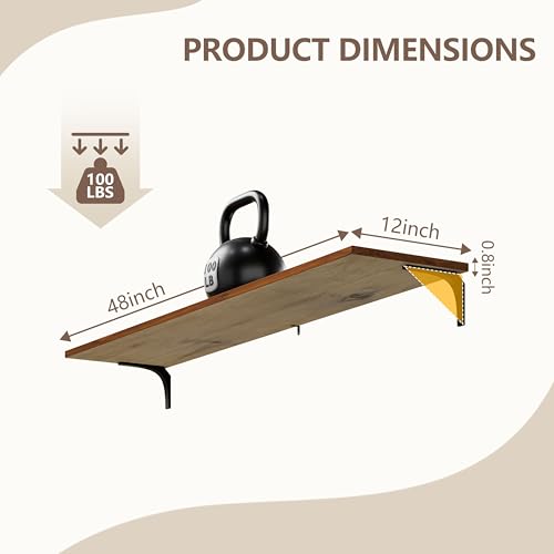 Image of 12 Inch Deep Floating Shelves Set of 4, 48 Inch Extra Wide Walnut Solid Wood Wall Shelves, 4ft Heavy Duty Farmhouse Wall Mounted Shelving for Kitchen, Living Room & Bedroom
