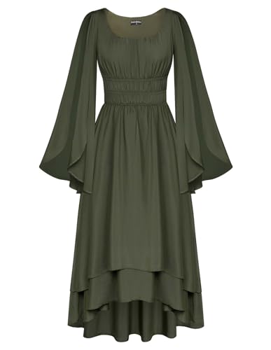Women Renaissance Costume Split Bell Sleeve Double Layered High Low Dress Olive Green M