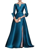 Caodip A-Line Evening Gown Elegant Dress Formal Cocktail Party Floor Length Long Sleeve V Neck Wedding Guest Satin Ocean Blue