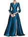 Caodip A-Line Evening Gown Elegant Dress Formal Cocktail Party Floor Length Long Sleeve V Neck Wedding Guest Satin Ocean Blue