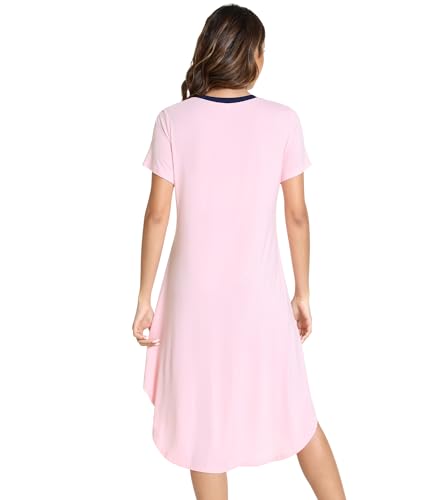 Image of NACHILA Nightgowns for Women-Viscose Made from Bamboo,Short Sleeve Nightshirts V Neck Sleep Shirt Loose Sleep Dress