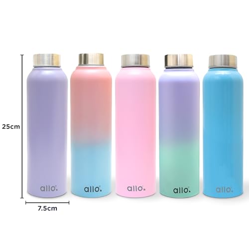 Image of Allo Stainless Steel Water Bottle For Adults, Kids 1 Litre Water Bottles For School, Office, Sports, Gym 1L Water Bottle For Men And Women, Pack Of 5 | Leak Proof, Bpa Free, Multicolor Plain Cap