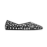 OMLISHZTY Women Studded Suede Ballet Flats Round Toe Slip on Leather Flats Comfortable Dress Casual Walking Flat Shoes