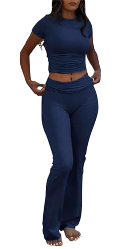 AYWA Womens 2 Piece Lounge Sets Short Sleeve Crop Top Foldover Flare Pants Casual Pajama Outfits (Navy Medium)