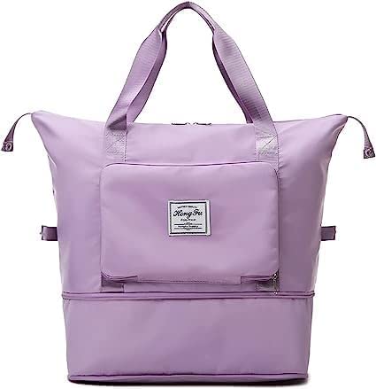 Large Foldable Travel Duffel Bag, Pink, Nylon, Expandable with Dual Compartment (Light Purple)-picture-12