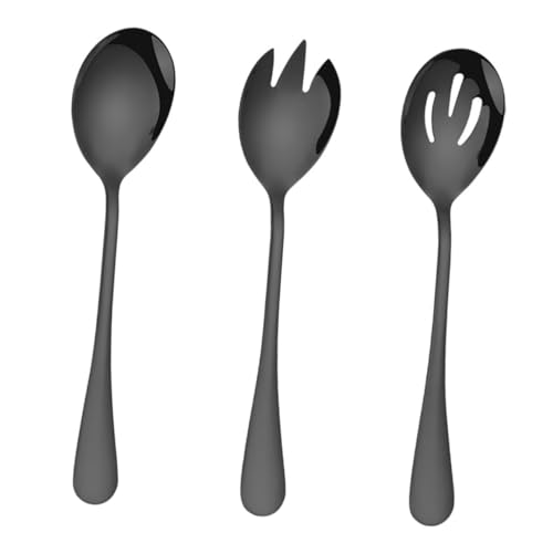 Cabilock Juego De 3 Piezas Cucharas para Servir y Tenedor para Servir Ensalada Acero Inoxidable Negro Set para Restaurantes Hogar y Buffet Cucharas Ranuradas para Ensalada