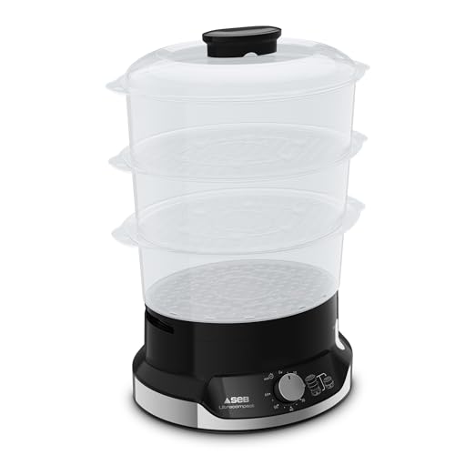 Seb Ultracompact Dampfgarer, Gesundes Garen, 9 l, 800 W, 3 stapelbare Schüsseln, Reis- und Müslischale, 60 Minuten Timer, automatische Abschaltung, sichtbarer Wasserstand, leicht zu verstauen VC204800