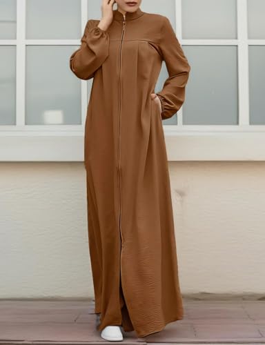 Image of Womens Abaya Muslim Long Sleeve Front Zipper Dress Prayer Islamic Clothes with Pockets