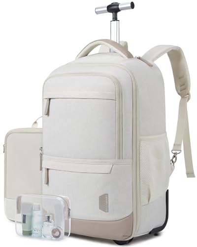 BAGSMART Rolling Backpack, Water-Resistant Travel Laptop Backpacks with Wheels for Adults, 17 Inch Large Roller College Backpack Luggage Carry on with 2 Packing Cubes, Beige