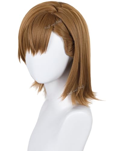 Image of Half and Half Short Deep Brown Straight Anime Cosplay Wig for Women 15'' Deep Brown Wigs with Side Part Bangs Synthetic Hair Wigs for Halloween Party Daily Costumes
