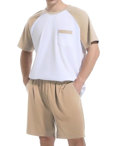 Mens Pajamas Set Summer Pjs Sleepwear Lightweight Loungewear Soft Short Sleeve Sleep Set With Pocket S-2XL2