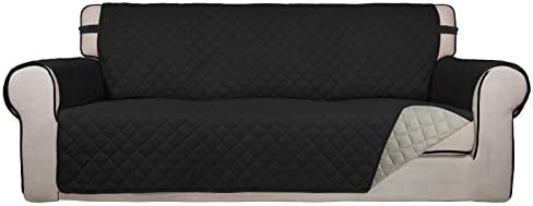 PureFit Reversible Quilted Sofa Cover, Water Resistant Slipcover Furniture Protector, Washable Couch Cover with Non Slip Foam and Elastic Straps for Kids, Dogs, Pets (Oversized Sofa, Black/Beige)