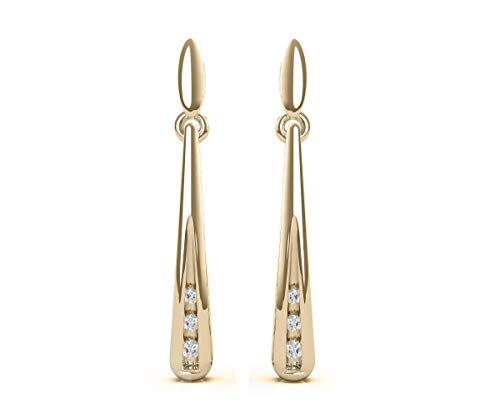 14K Yellow Gold 1/20 Cttw Three Stone Accented Bar Dangling Drop Diamond Earrings for Women (J-K Color, I2-I3 Clarity)
