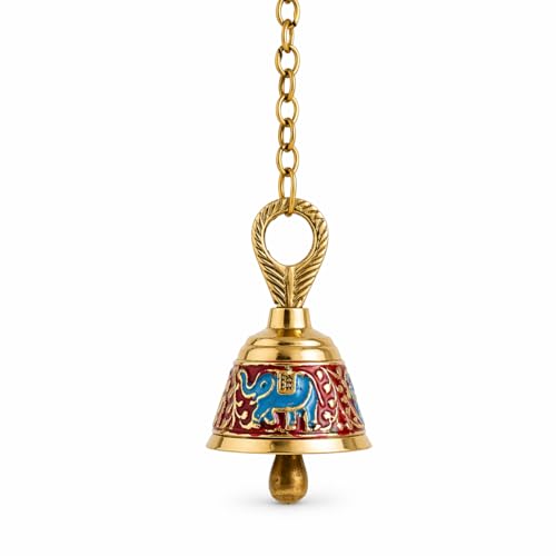Image of Brass Pooja Hanging Bell with Chain (Red, Single Piece) | Decorative Mandir Ghanti for Door Wall | Handcrafted Temple Bell for Home Decor, Vastu & Spiritual Use